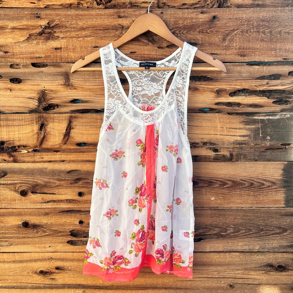 RAMPAGE | Sheer Lace Floral Sleeveless Tank Top Blouse L
